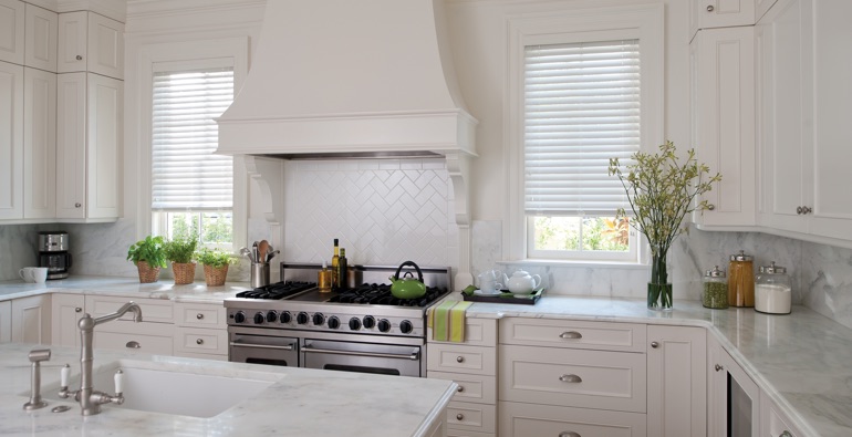 Southern California kitchen white blinds